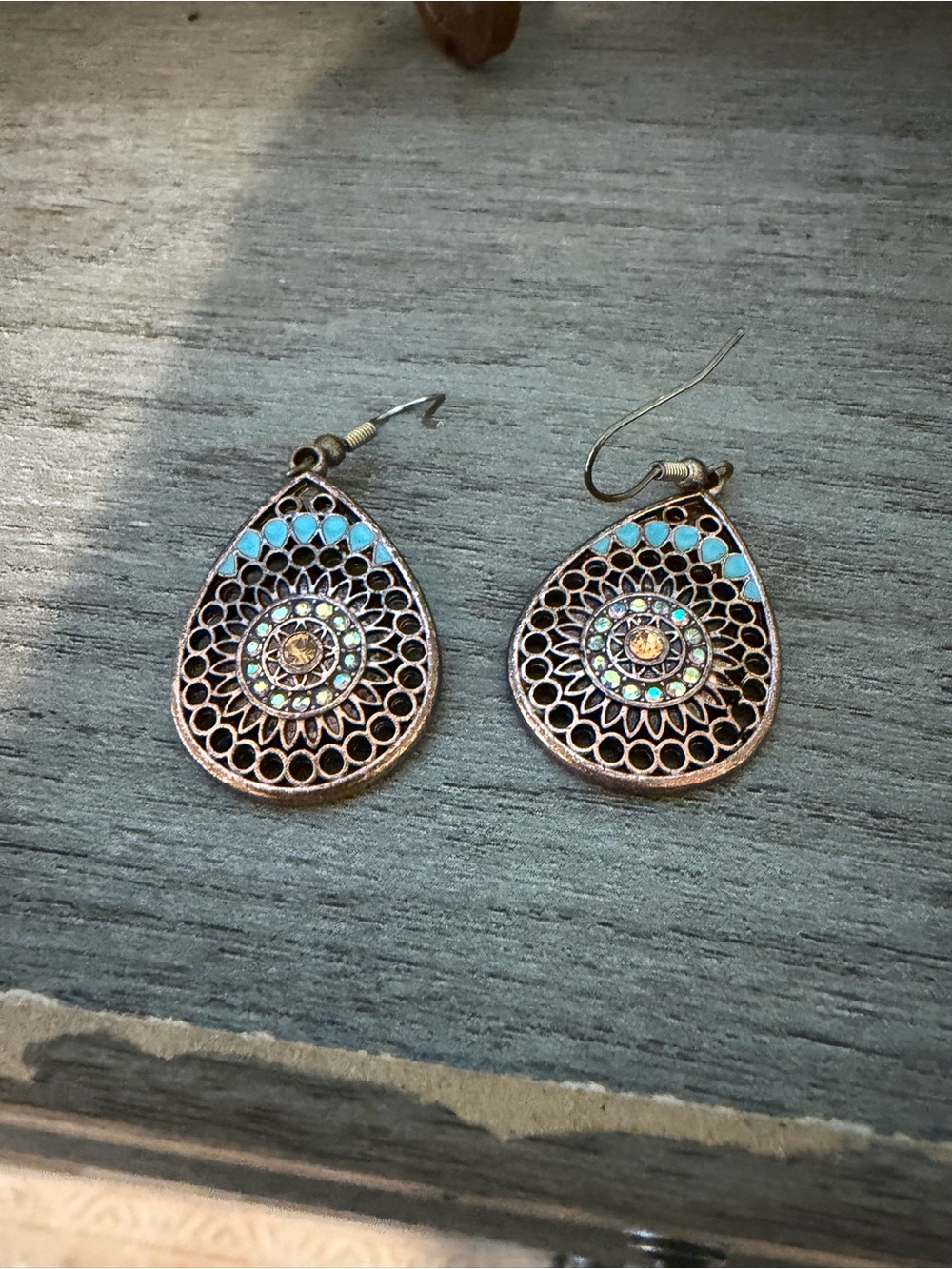 Bohemian Teardrop Filigree Earrings with Turquoise Accents